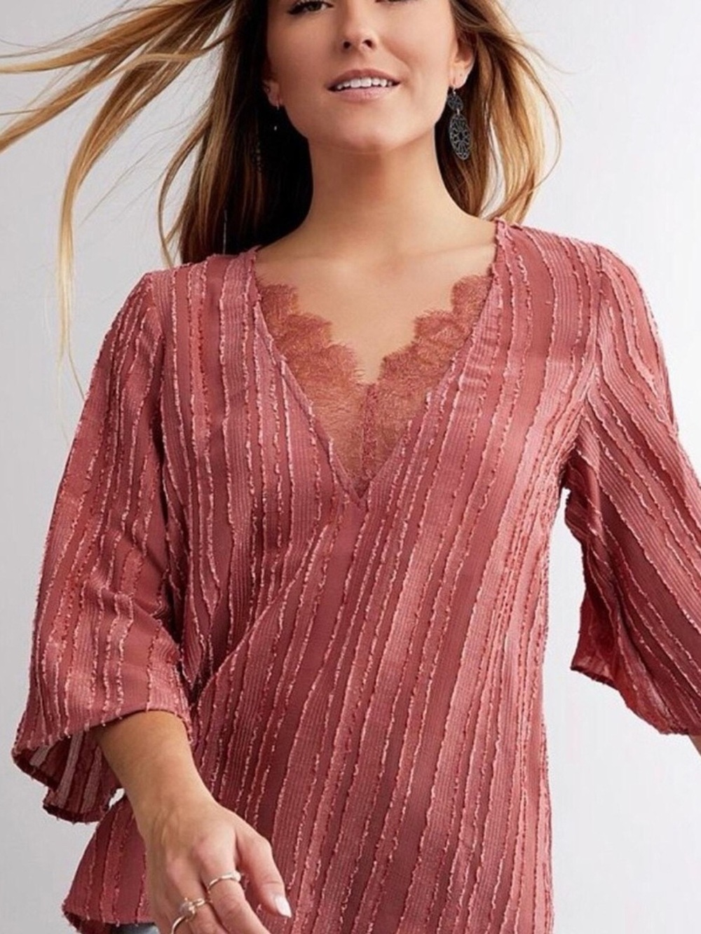 Mustard Seed Rosewood Lace-Trim V-Neck Blouse
